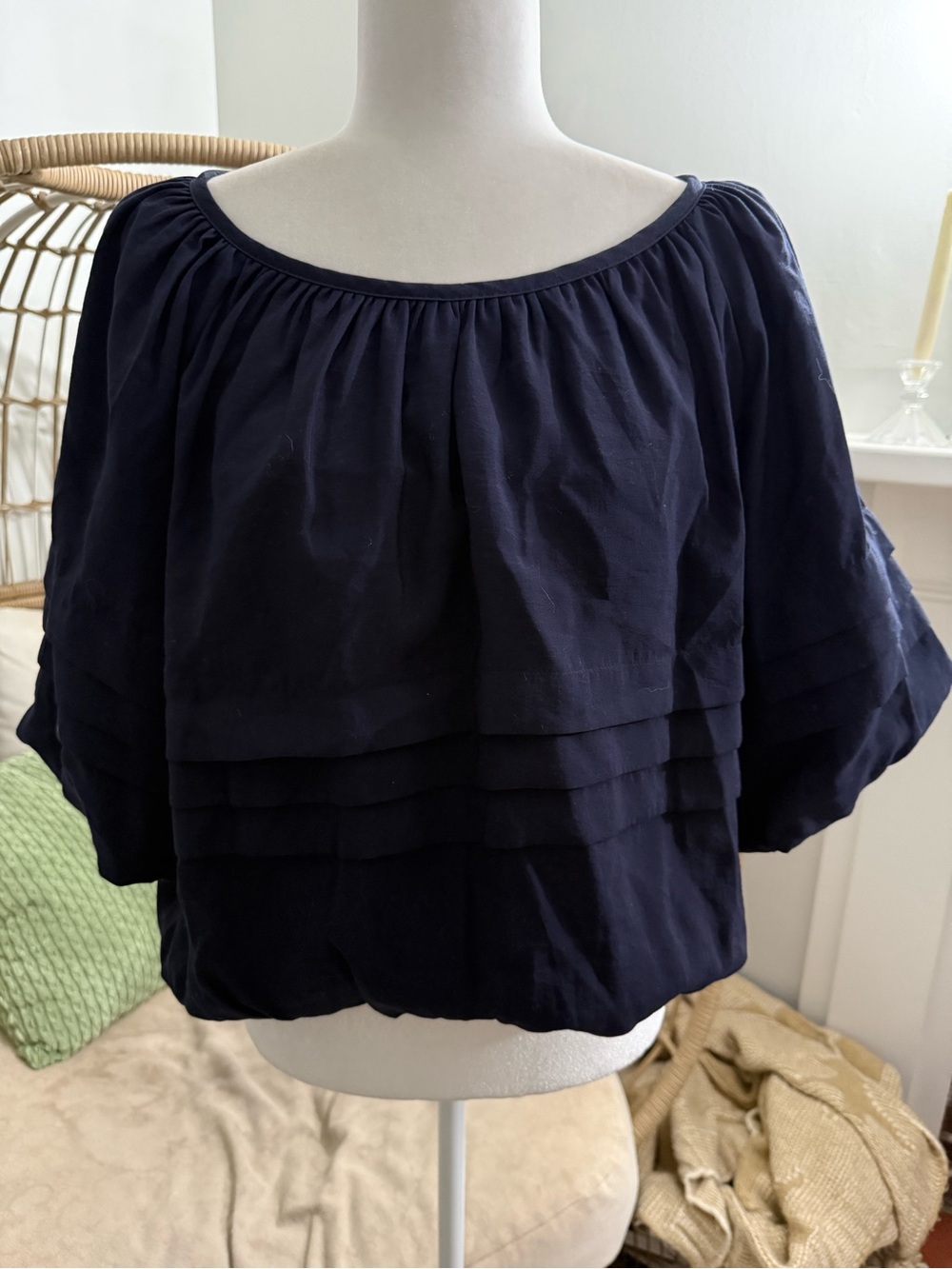Maeve By Anthropologie Navy Tiered Ruffle Blouse Top Medium